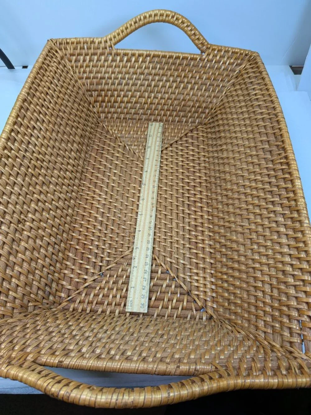 Vintage Wicker Serving Tray Basket Rectangular Flared Handles Tight Weave
